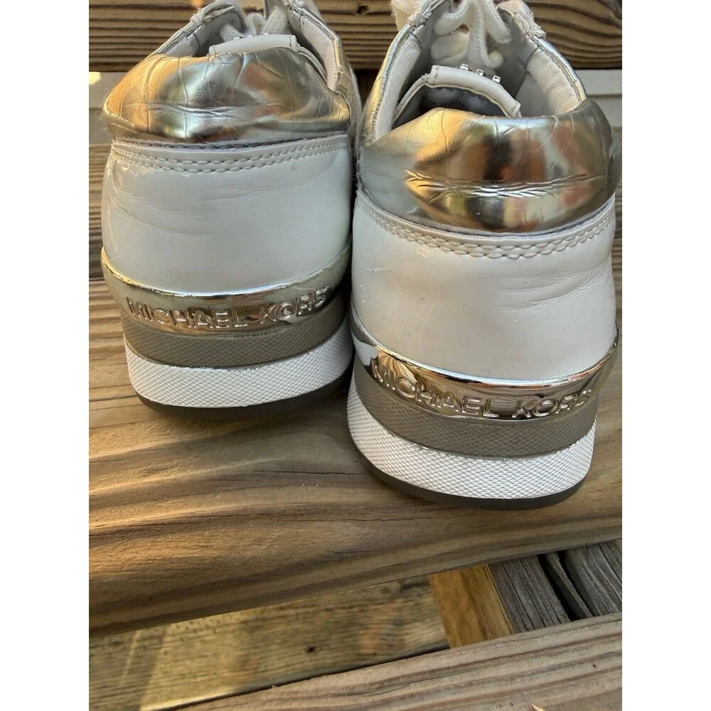 MICHAEL KORS Women's Allie White Cream & Sliver Wrap Trainer Sneakers Sz 8 M